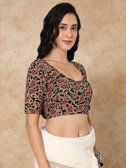 Black Cotton Kalamkari Round Neck Stretchable Readymade Blouse