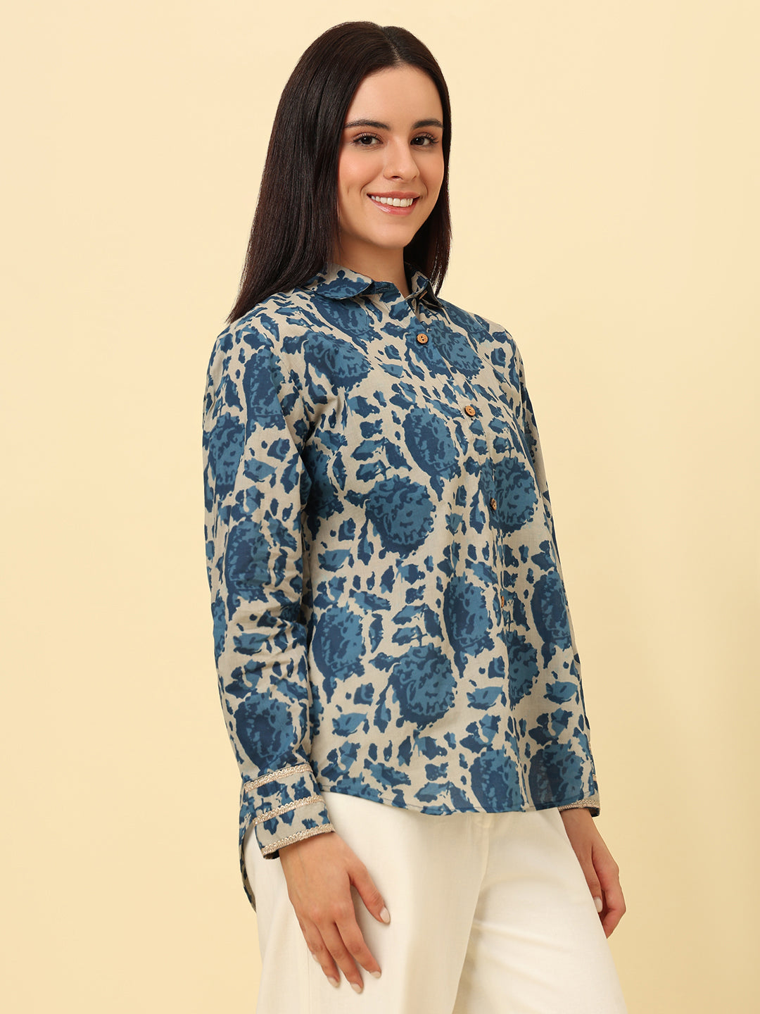 Blue Cotton Printed Oversized Casual Shirt