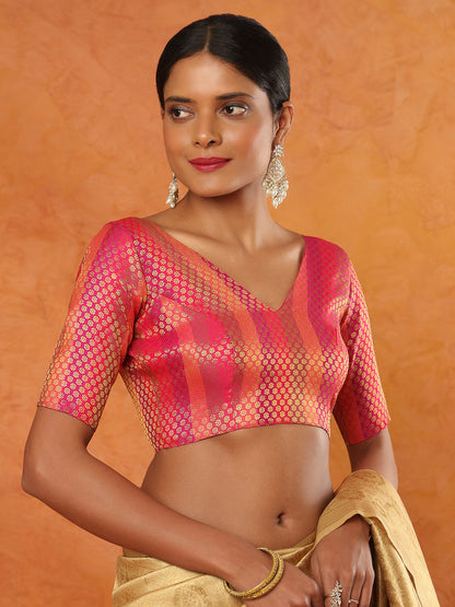 Pink Brocade V Neck Readymade Blouse