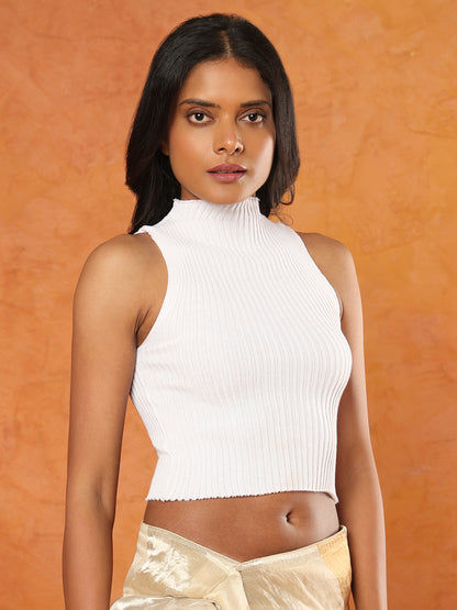 White Knitted Sleeveless Readymade Blouse