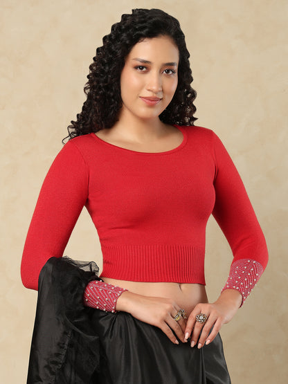 Red Woolen Round Neck Readymade Blouse