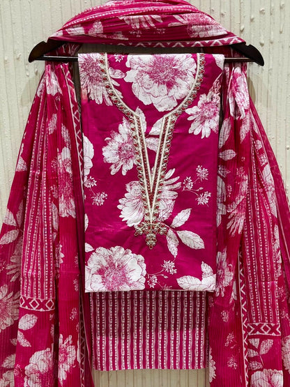 Pink Cotton Printed Unstitched Dress Material