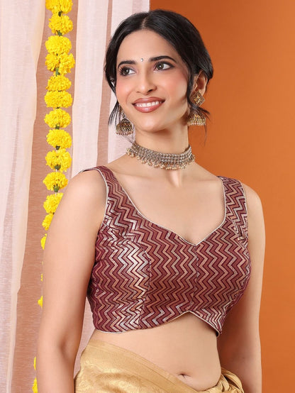 Burgundy Brocade Woven Design Sleeveless Padded Saree Blouse