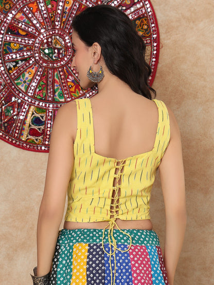 Yellow Cotton Ikat Sweetheart Neck Readymade Blouse