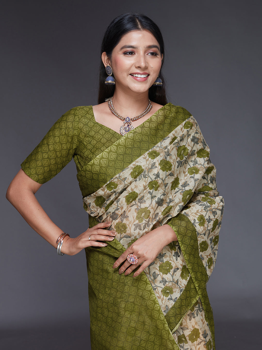 KOTA QUEEN Olive Printed Pure Cotton Saree