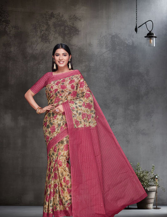 KOTA QUEEN Pink Printed Pure Cotton Saree