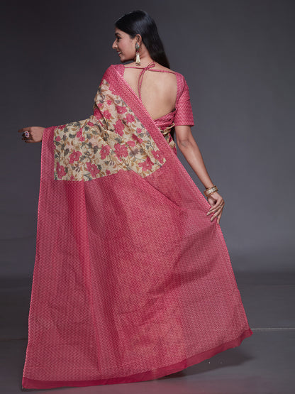 KOTA QUEEN Pink Printed Pure Cotton Saree