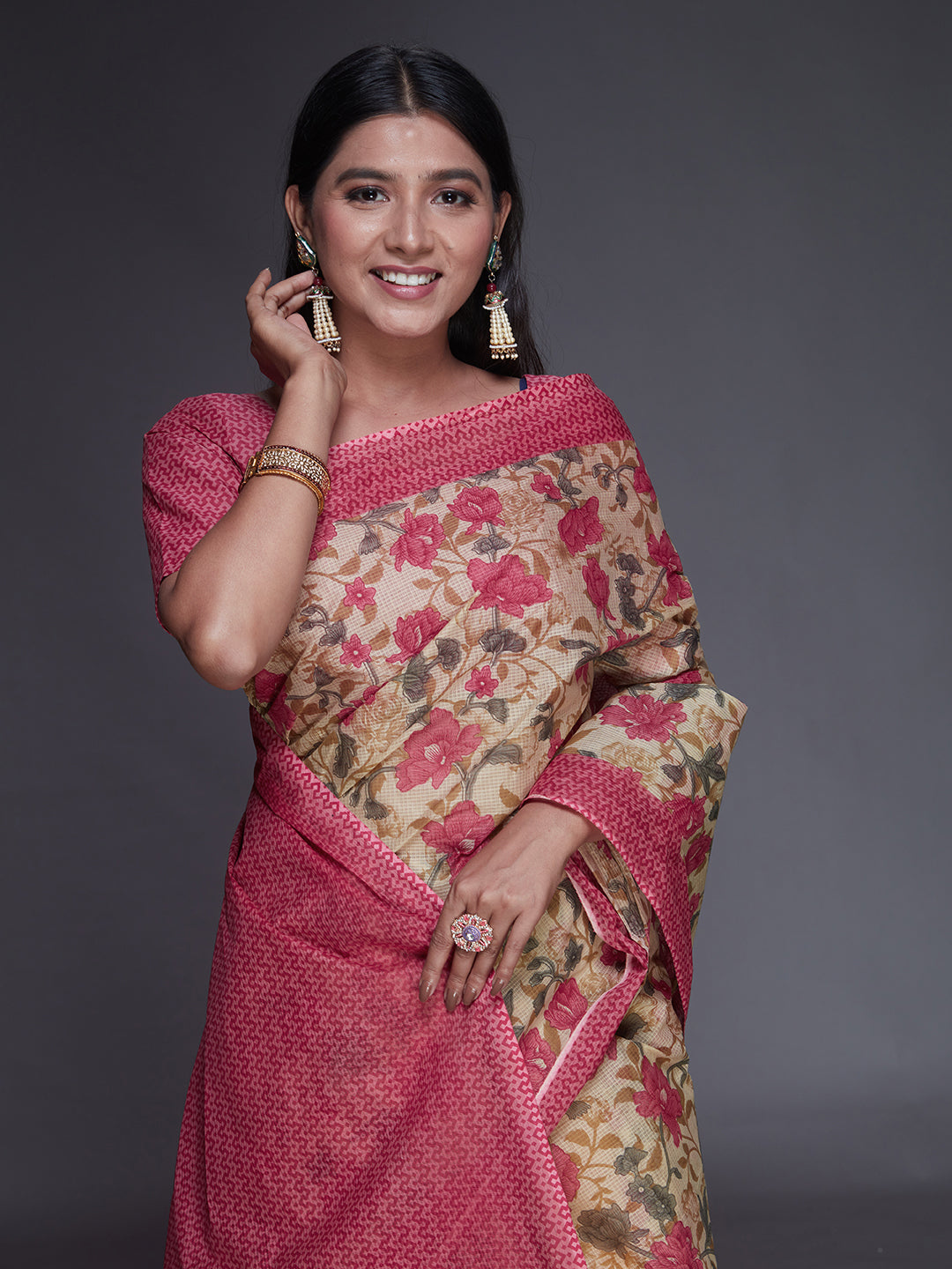 KOTA QUEEN Pink Printed Pure Cotton Saree