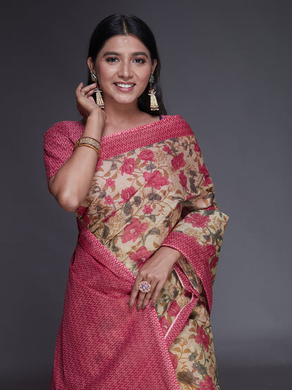 KOTA QUEEN Pink Printed Pure Cotton Saree
