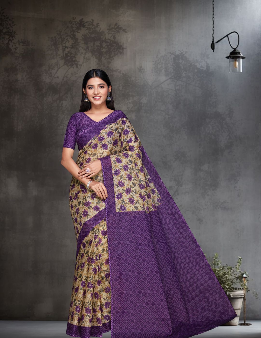 KOTA QUEEN Purple Printed Pure Cotton Saree