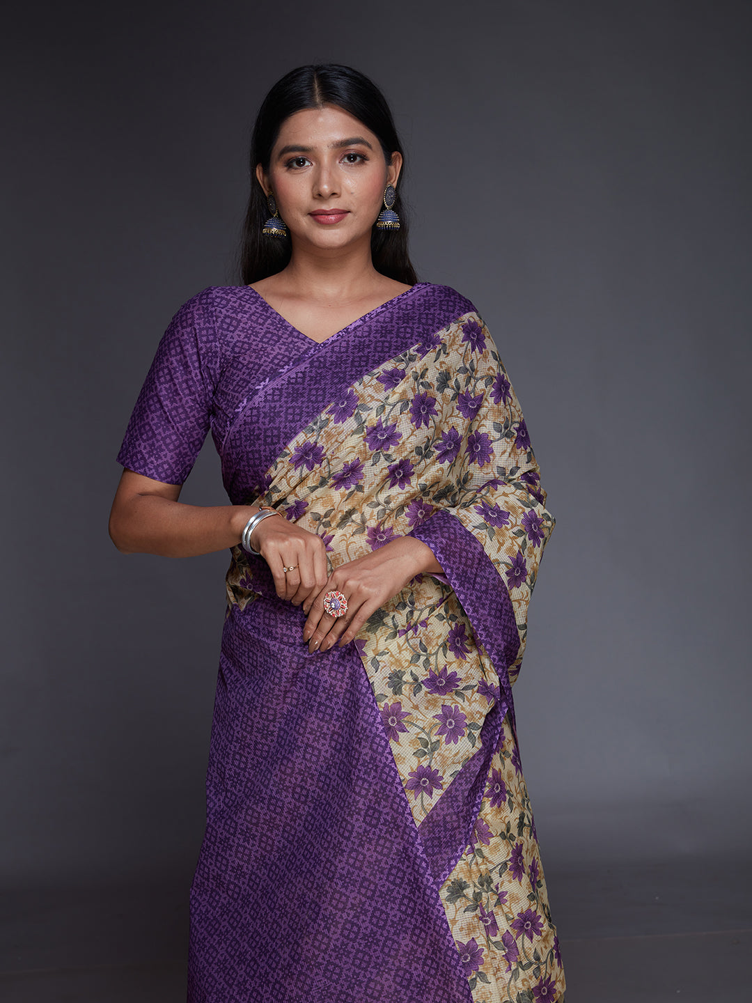 KOTA QUEEN Purple Printed Pure Cotton Saree