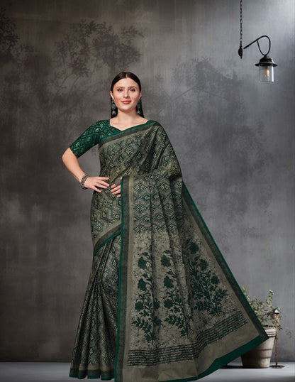 AMIVARSHA Green Printed Pure Cotton Saree