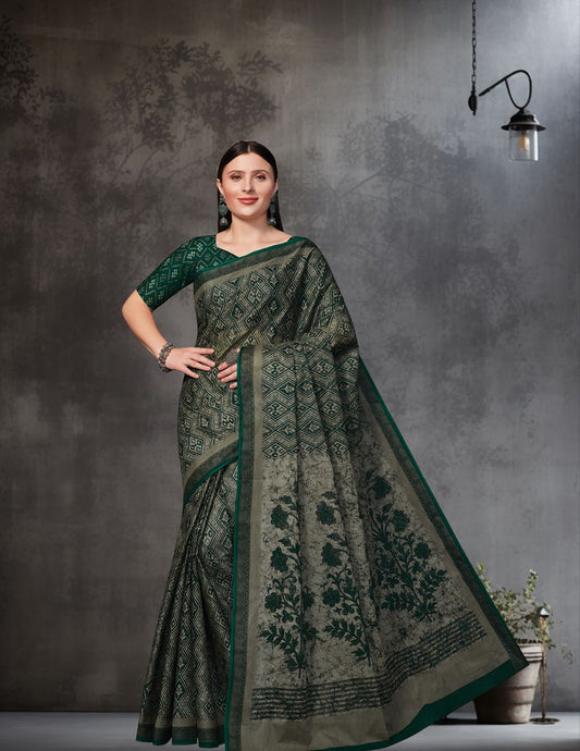 AMIVARSHA Green Printed Pure Cotton Saree