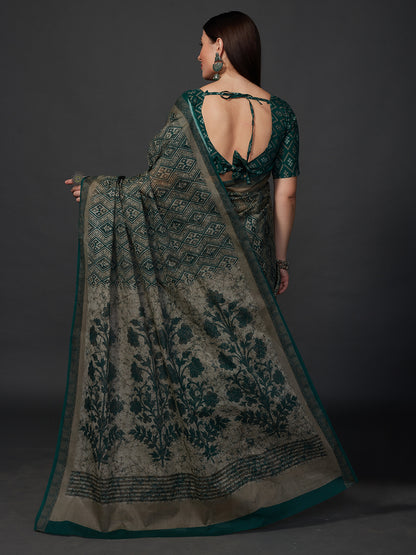 AMIVARSHA Green Printed Pure Cotton Saree