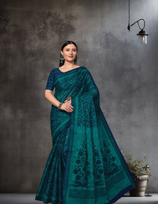 AMIVARSHA Blue Printed Pure Cotton Saree