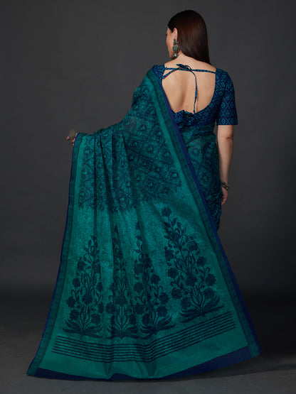 AMIVARSHA Blue Printed Pure Cotton Saree