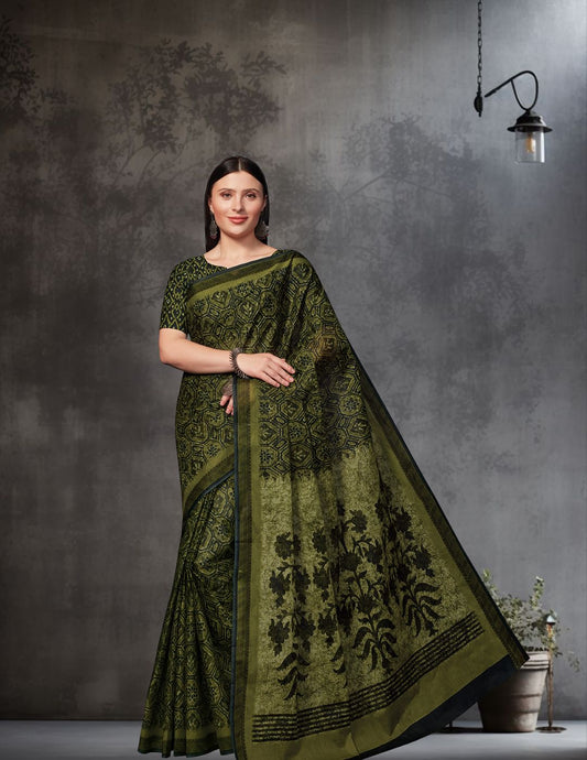 AMIVARSHA Olive Printed Pure Cotton Saree