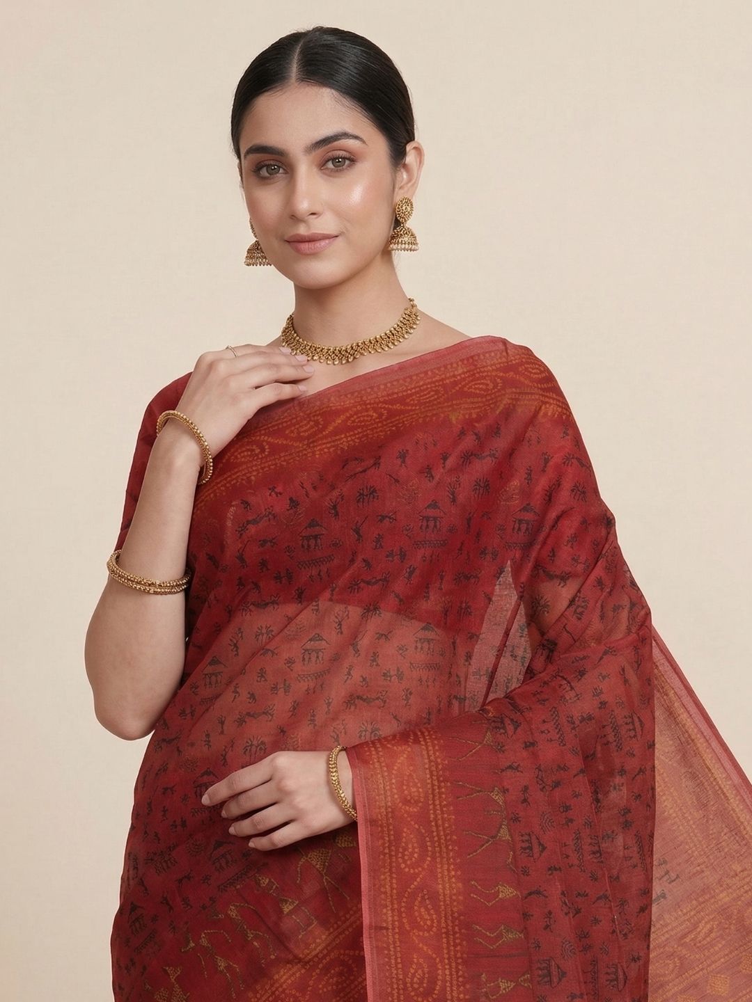 Red Warli Printed Pure Cotton Saree