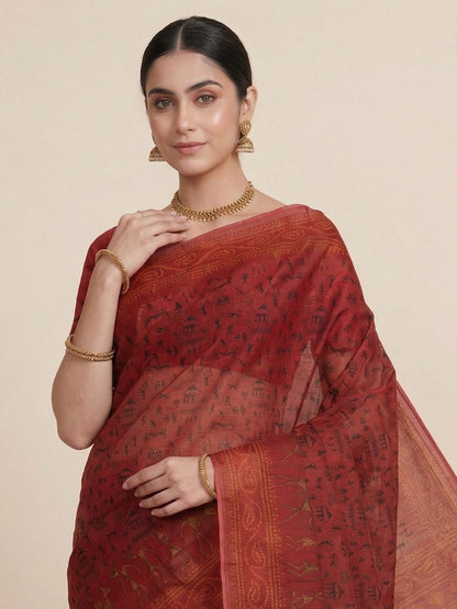 Red Warli Printed Pure Cotton Saree