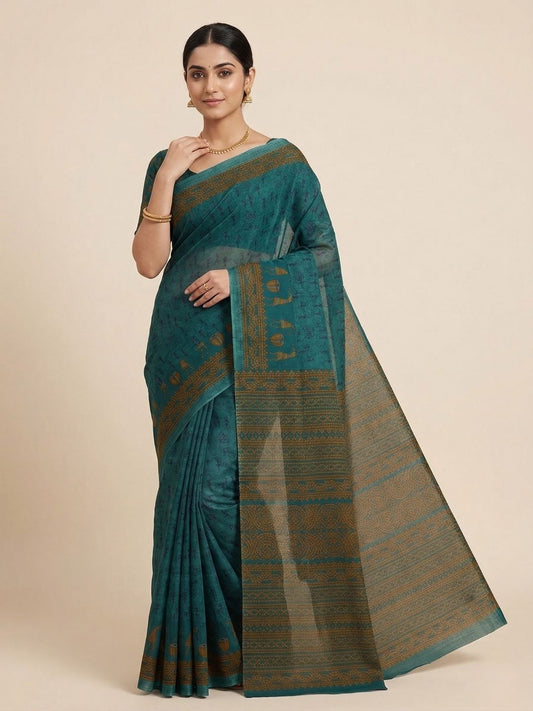 Teal Warli Printed Pure Cotton Saree