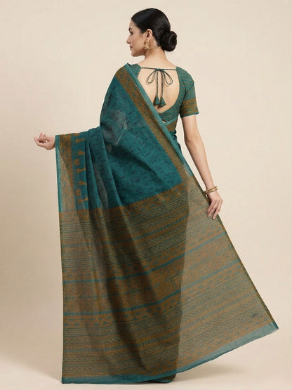 Teal Warli Printed Pure Cotton Saree