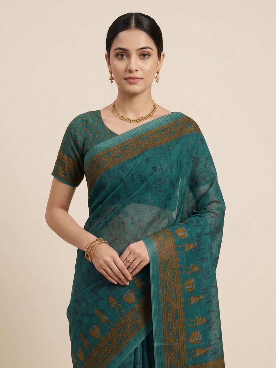 Teal Warli Printed Pure Cotton Saree