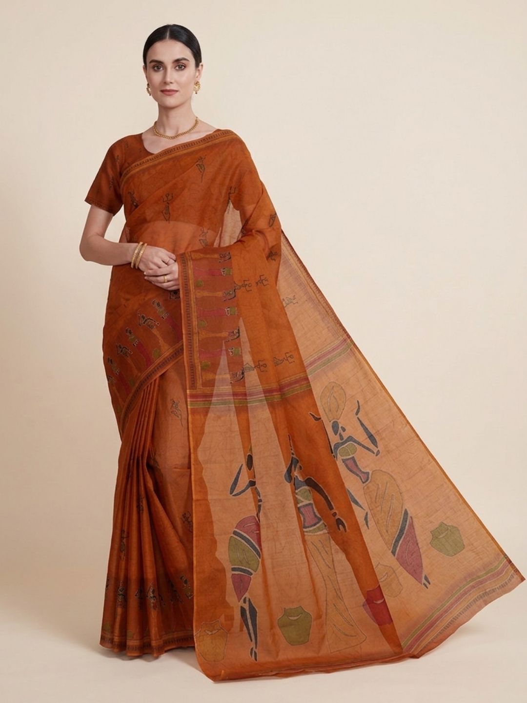 Rust Warli Printed Pure Cotton Saree