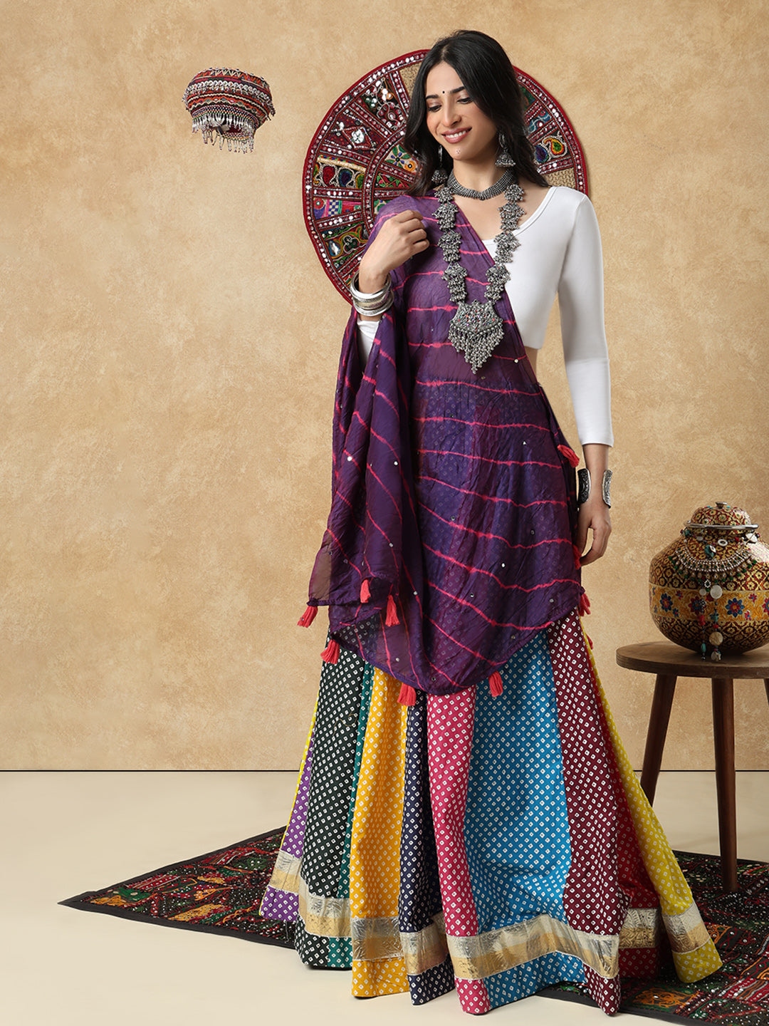 Purple Silk Tie & Dye Festive Garba Dupatta For Navratri
