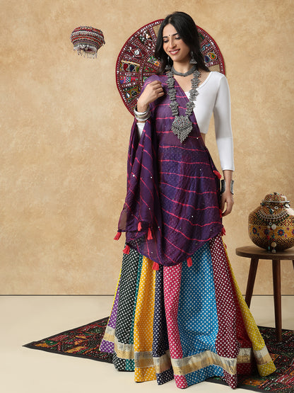 Purple Silk Tie & Dye Festive Garba Dupatta For Navratri