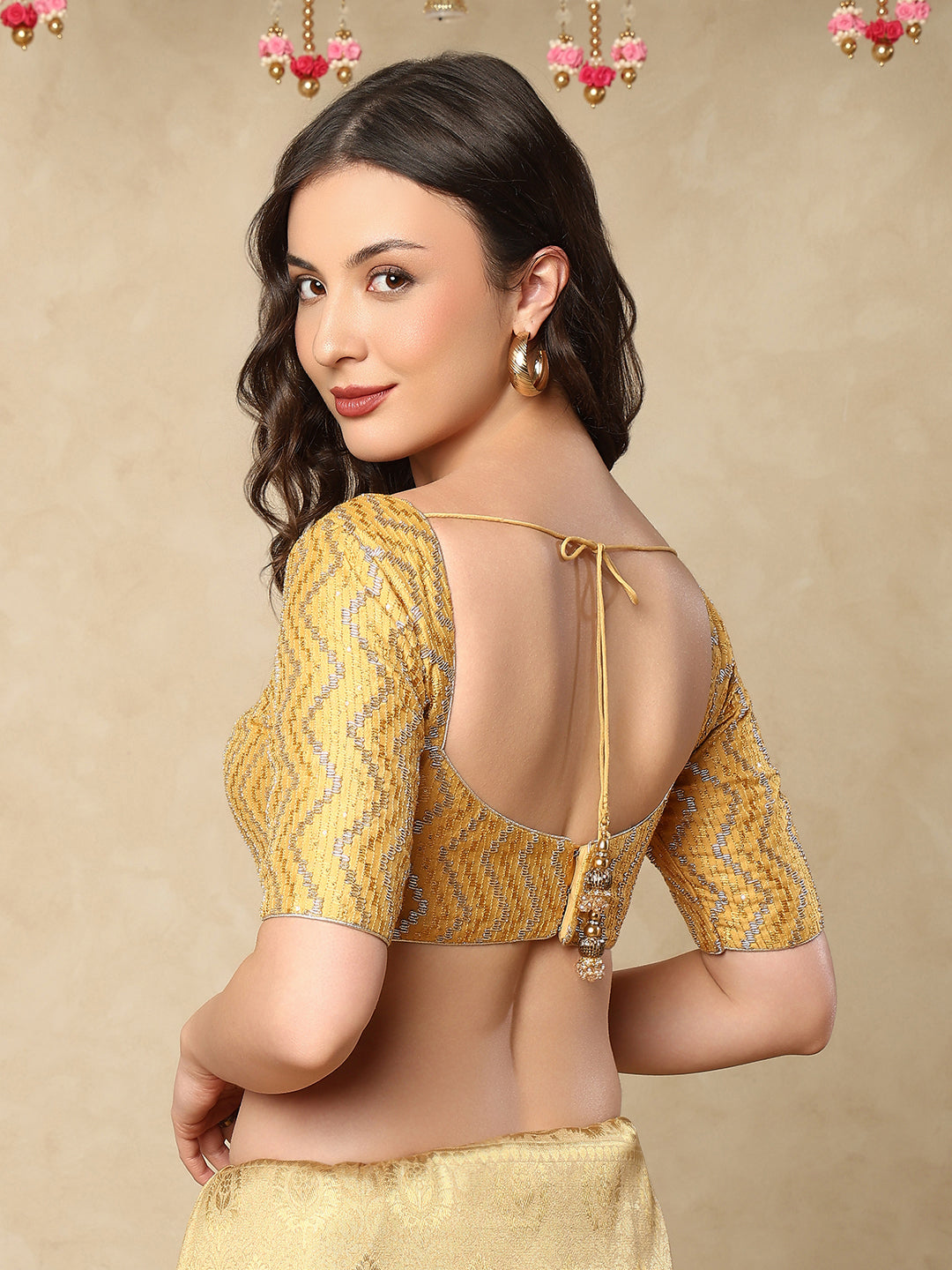 Gold Georgette V Neck Readymade Padded Blouse