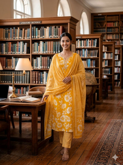Yellow Cotton printed Unstitched Dress Material