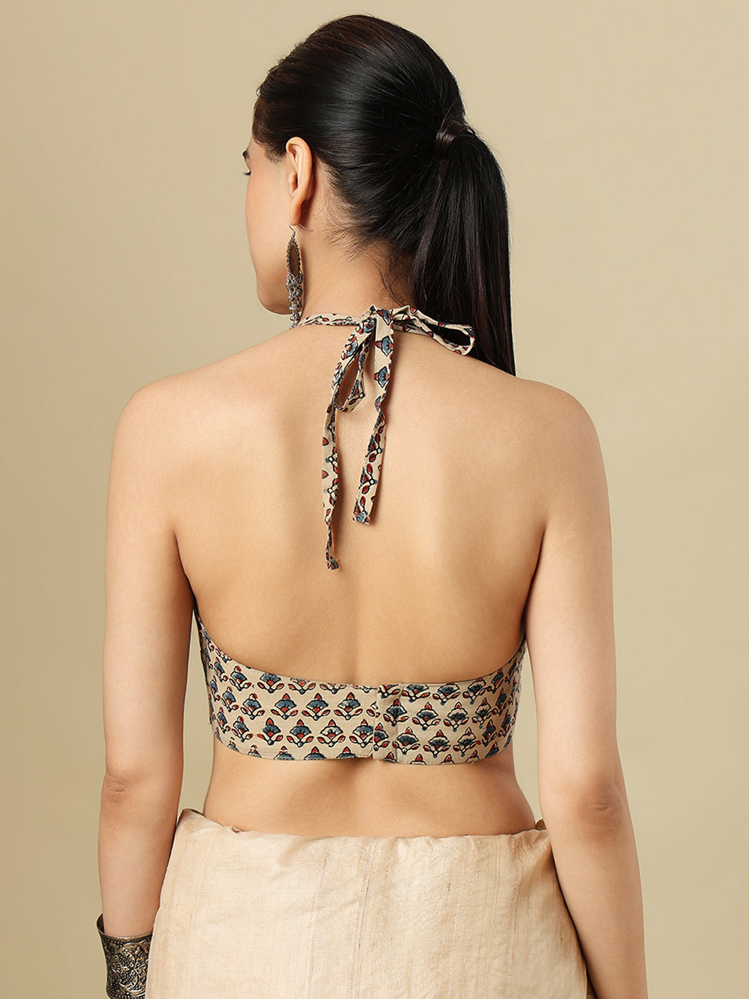 Beige Ajrakh Hand Block Printed Pure Cotton Halter Neck Padded Saree Blouse