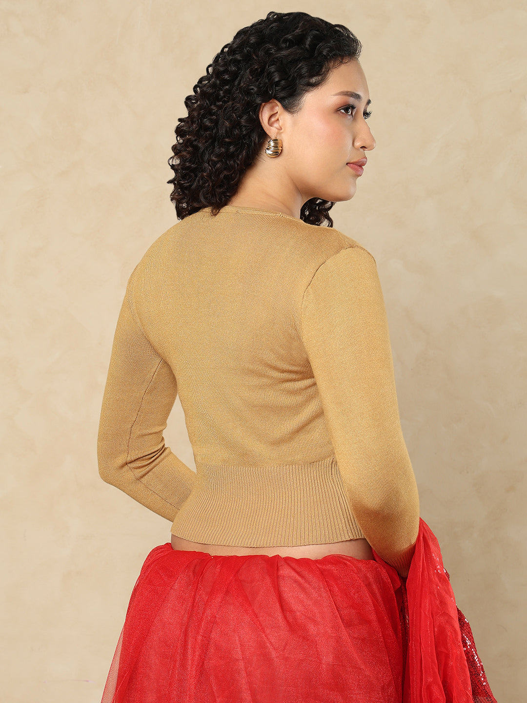 Beige Woolen Round Neck Readymade Blouse