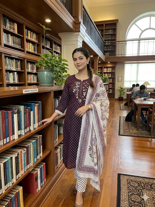 Wine Cotton Embroidered Unstitched Dress Material