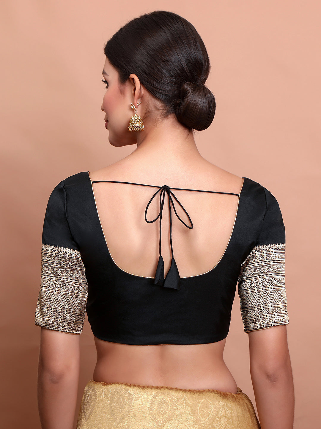 Black Silk Round Neck Readymade Blouse With Elbow Length Sleeves