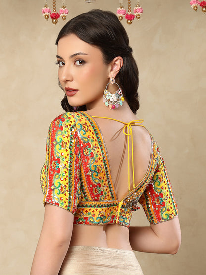 Yellow silk V Neck Readymade Blouse