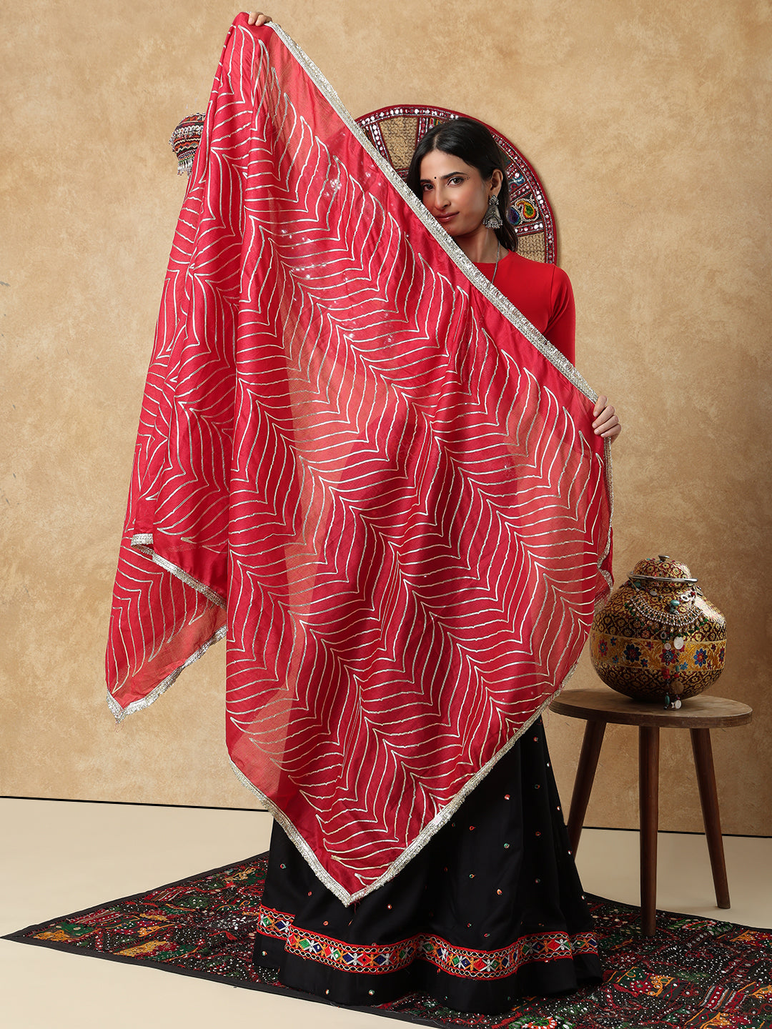 Red Silk Festive Garba Dupatta For Navratri