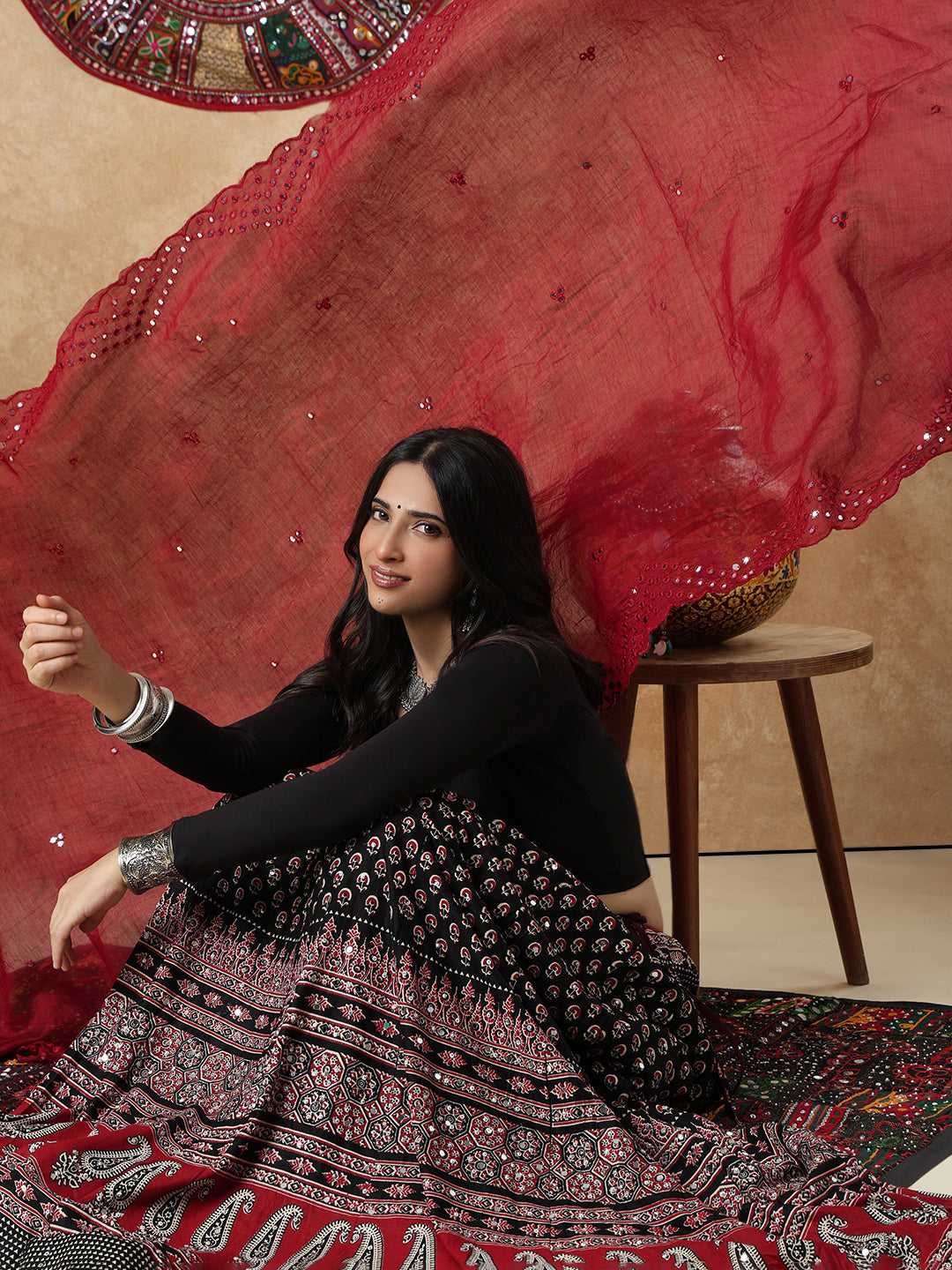 Wine Silk Mirror Work Festive Garba Dupatta For Navratri