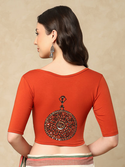 Rust Cotton Lycra V Neck Readymade Blouse