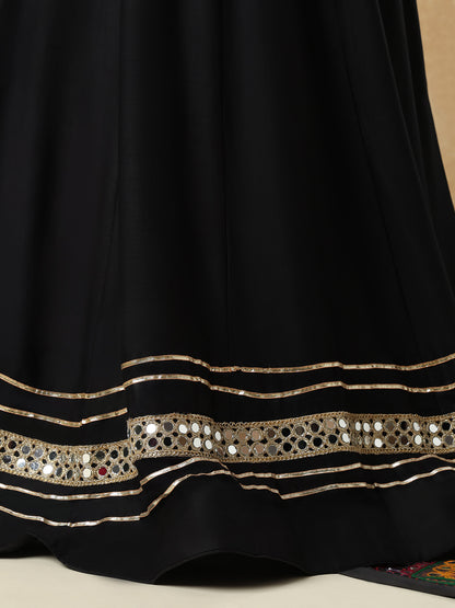 Black Embellished Garba Cotton Readymade Skirt For Navratri