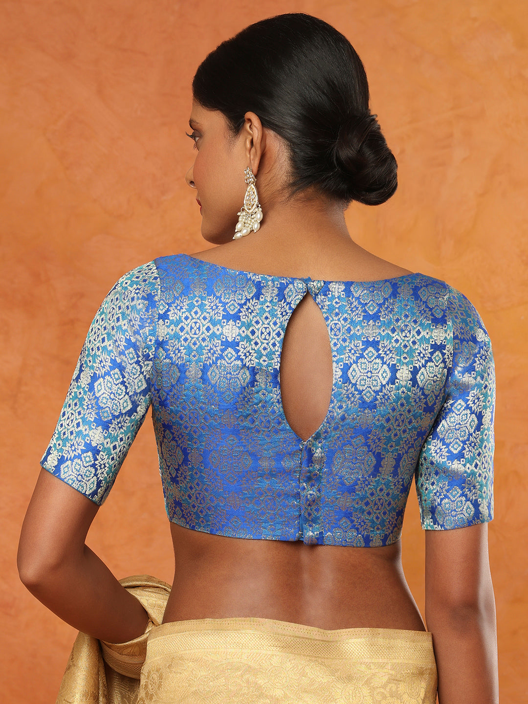 Blue Brocade  Neck Brocade Elbow Sleeves Readymade Saree Blouse