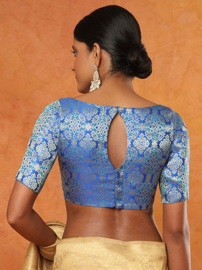 Blue Brocade  Neck Brocade Elbow Sleeves Readymade Saree Blouse