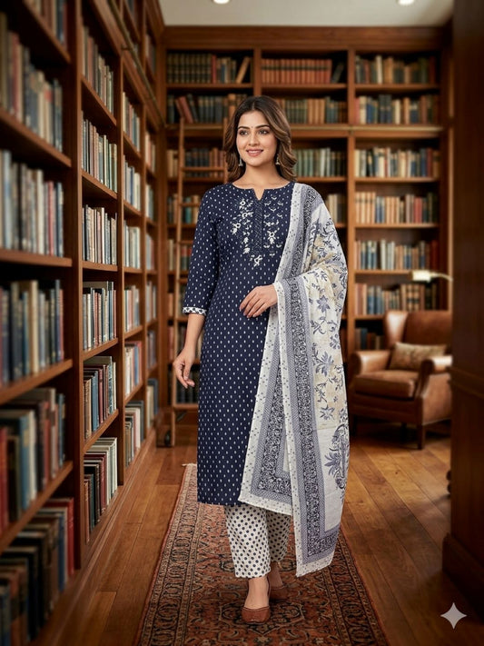 Navy Blue Cotton Embroidered Unstitched Dress Material
