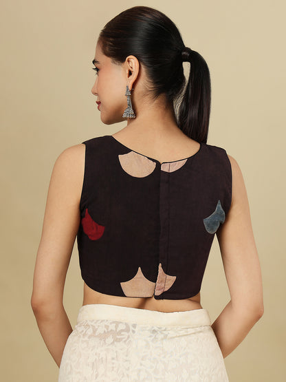Black Pure Cotton Ajrakh Block Printed Sleeveless Readymade Blouse