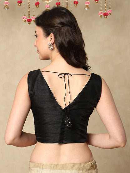 Black Silk Embroidered Sleeveless Blouse