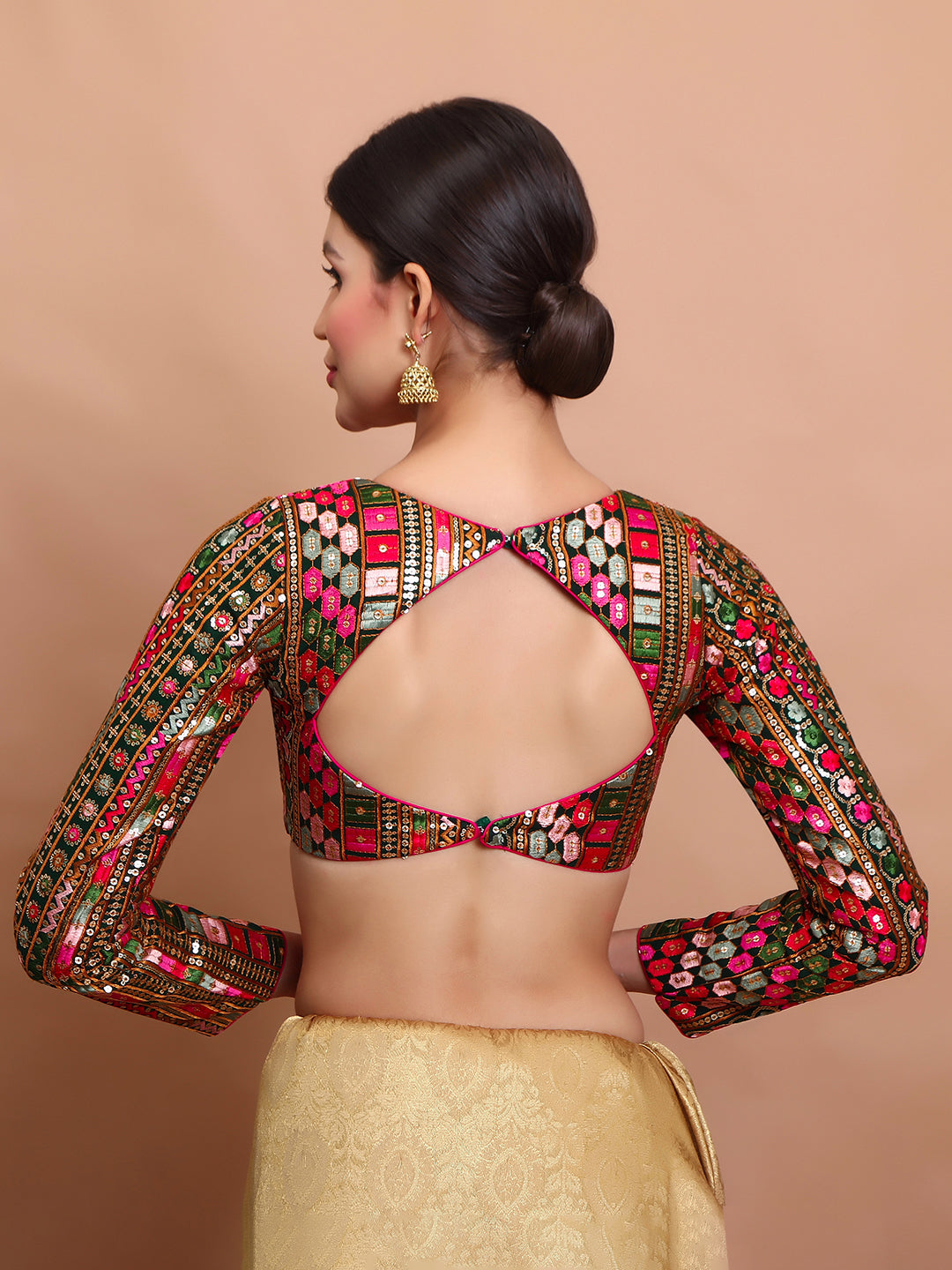 Green Georgette Embroidered V Neck Readymade Blouse