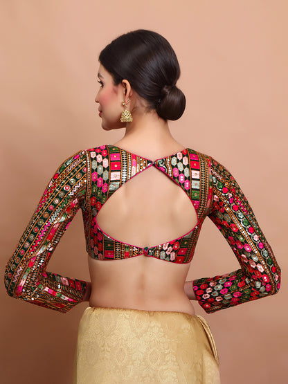 Green Georgette Embroidered V Neck Readymade Blouse