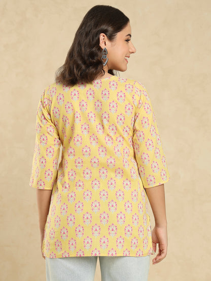 Yellow Cotton Printed Short Kurti
