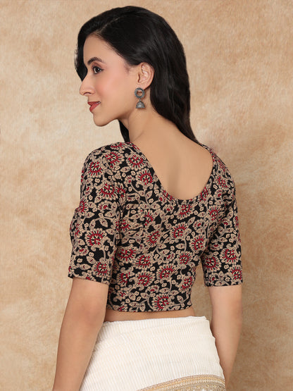 Black Cotton Kalamkari Round Neck Stretchable Readymade Blouse