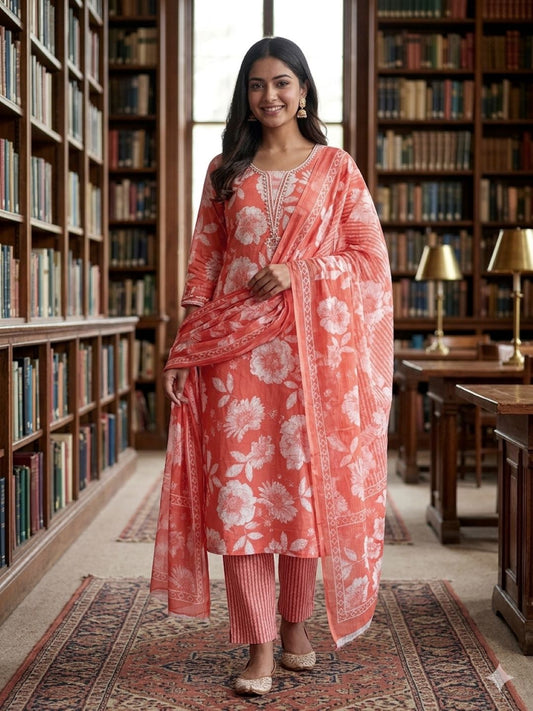 Orange Cotton printed Unstitched Dress Material